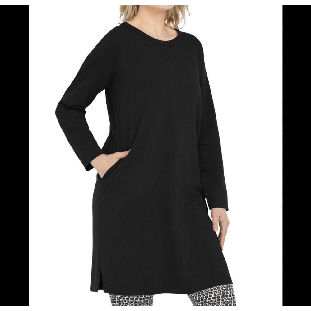 Ellos Black Long Sleeve Tunic Dress Pockets Side Slits Plus Size L 18 20